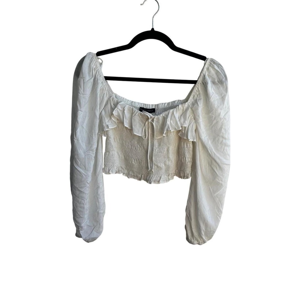 Cotton Candy La White Smocked Ruffle Square Neck Tie Front Crop Top Long Sleeve